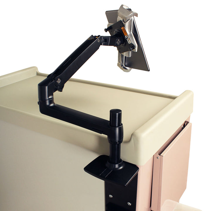 Rear view of articulating tablet arm mounted on Harloff medical cart