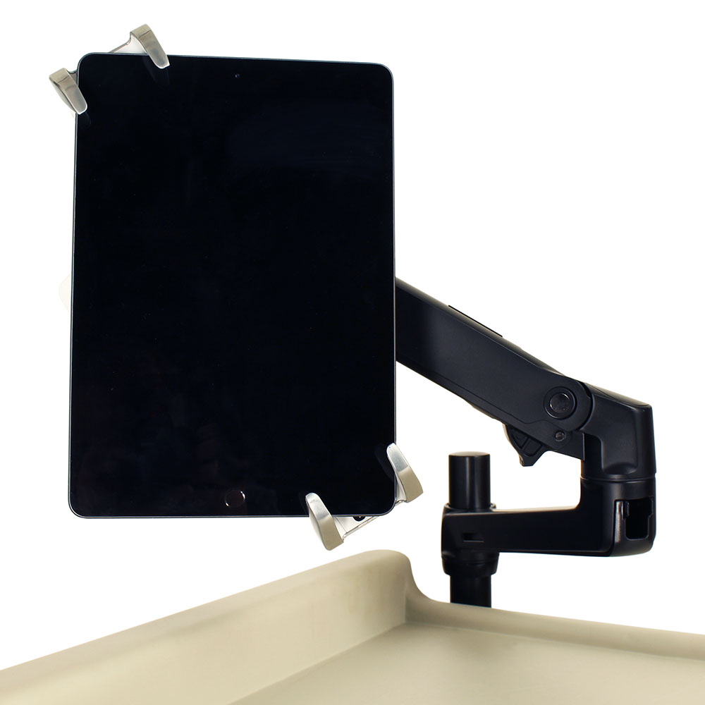 Lockable tablet holder accessory for Harloff medical carts front left view