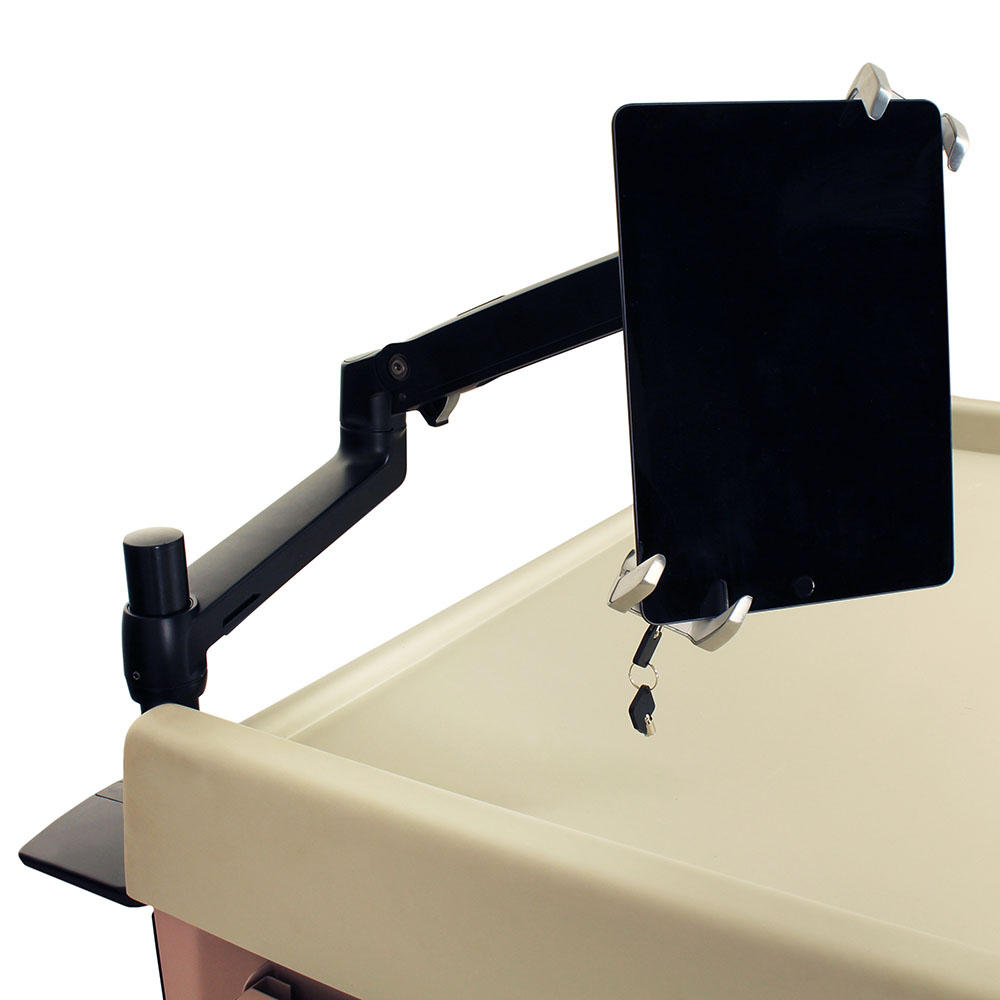 Medical cart tablet bracket with articulating adjustable arm front right view