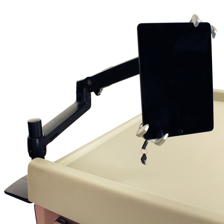 Medical cart tablet bracket with articulating adjustable arm front right view