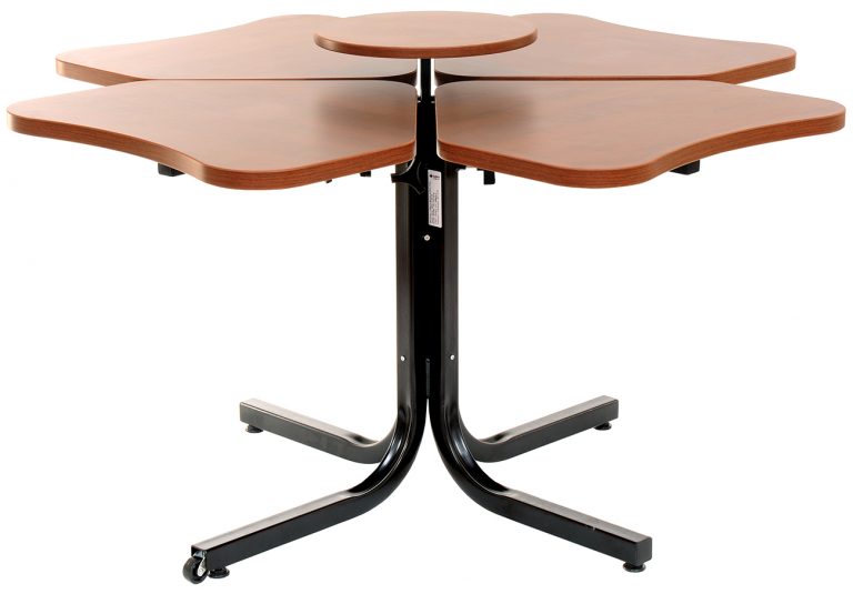 Height-Adjustable Cloverleaf Table TDC4 with 4 ergonomic work surfaces and steel frame for assisted living or rehab centers
