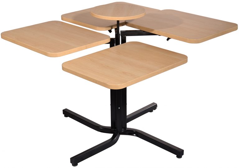Ergonomic Height-Adjustable 4-Seat Table TERC4 with patented wheelchair-accessible base and individual adjustable surfaces for care settings  
