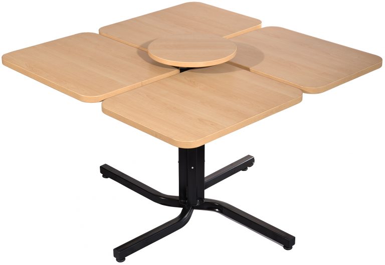 TERC4 height-adjustable 4-seat ergonomic table with rotating tray, sliding supports, and steel frame for senior or assisted living use
