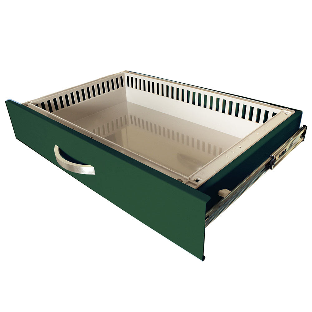 T-Series TPS3028EC4 dark green cart showing 4-inch removable drawer with tray