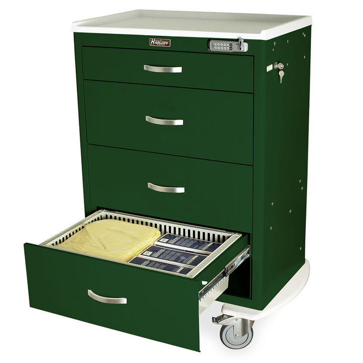 T-Series TPS3028EC4 dark green medical storage cart with removable trays front view