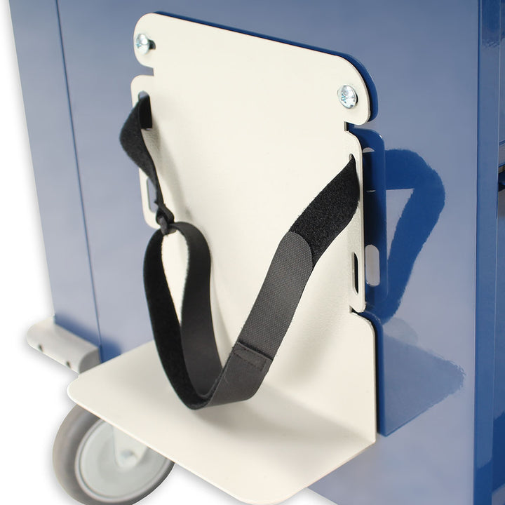 UNIVBRKT universal sharps container bracket mounted to Harloff medical cart