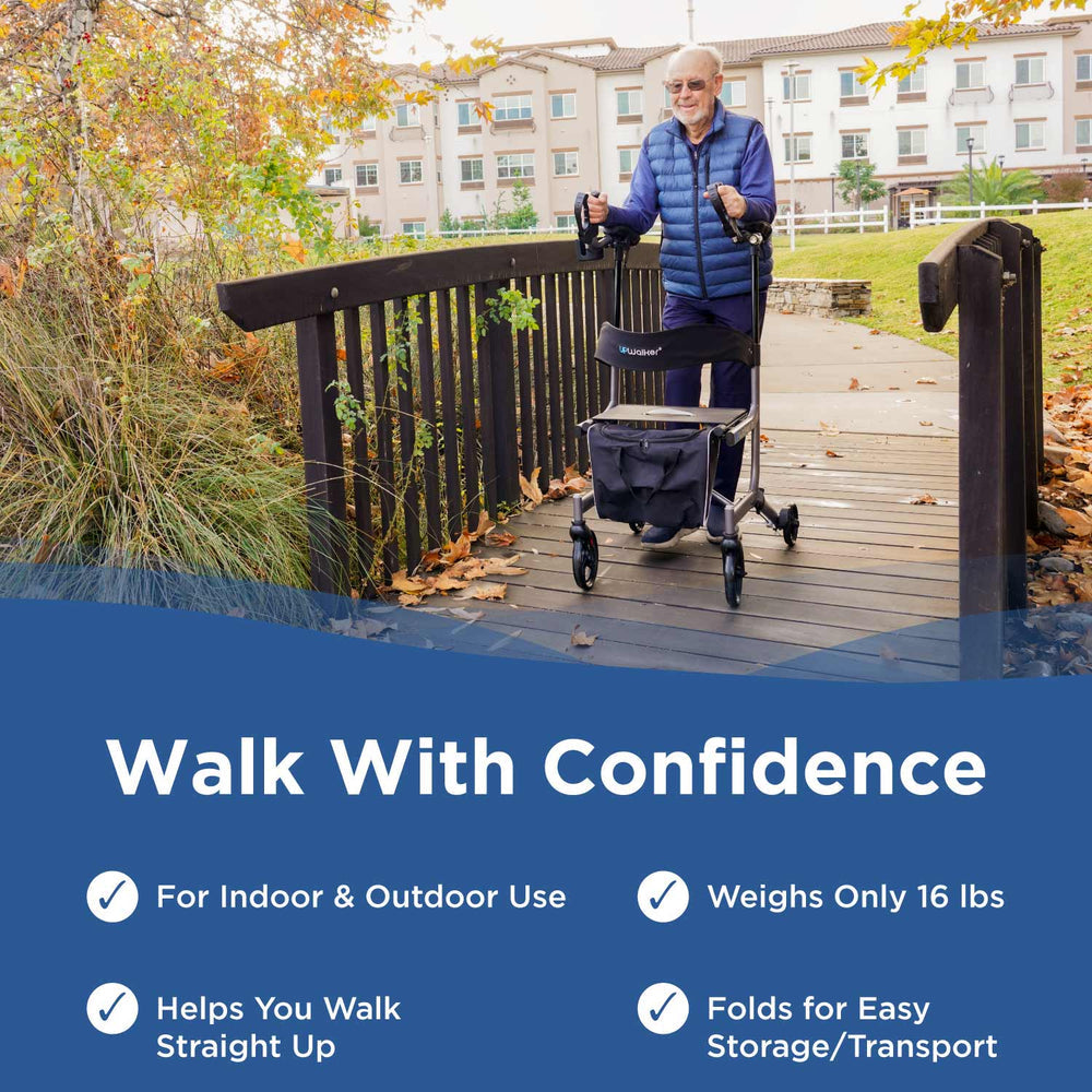 UPWalker EZ Lite upright walker angled view with padded seat