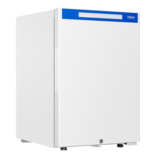 Haier HYC-85 countertop medical refrigerator angled view
