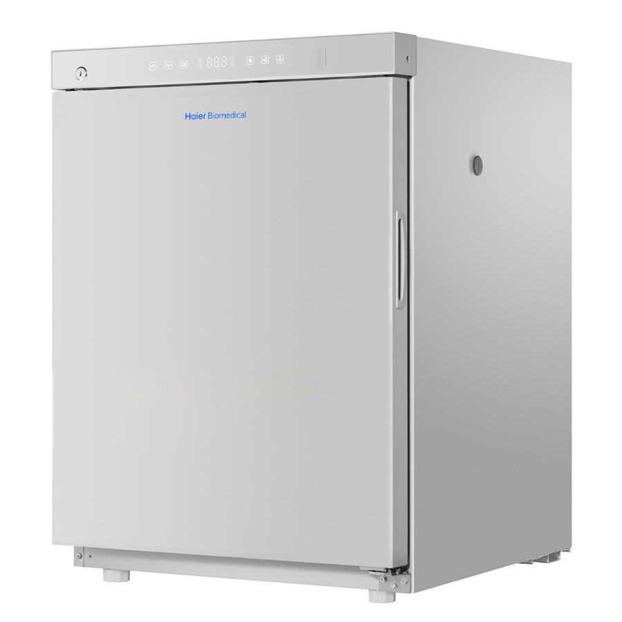 Haier HYC-130FD medical grade refrigerator angled exterior view solid door