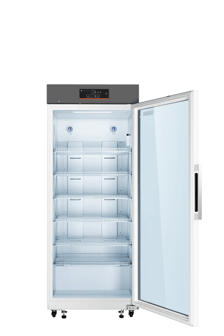 Pharmacold VAX-606 medical refrigerator interior with adjustable shelves and LED display