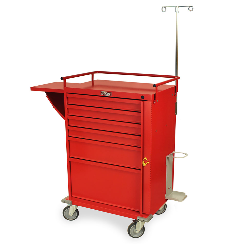 V30-6EMG emergency crash cart with accessories including IV pole and drop shelf
