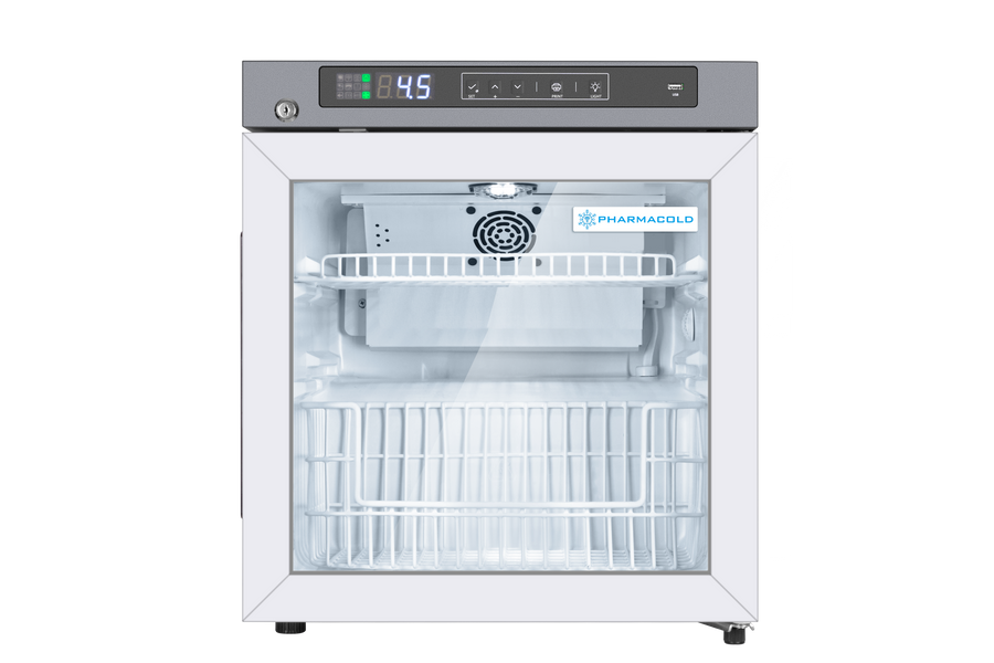 Pharmacold VAX-42 compact vaccine refrigerator with glass door and digital display