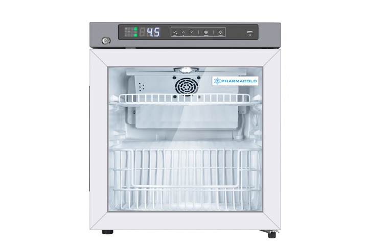 Pharmacold VAX-42 compact vaccine refrigerator with glass door and digital display