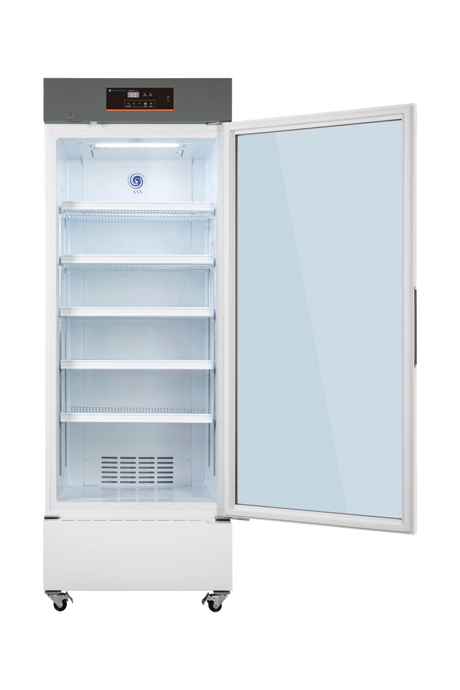 Pharmacold VAX-416 vaccine refrigerator open interior shelving LED lighting and digital display