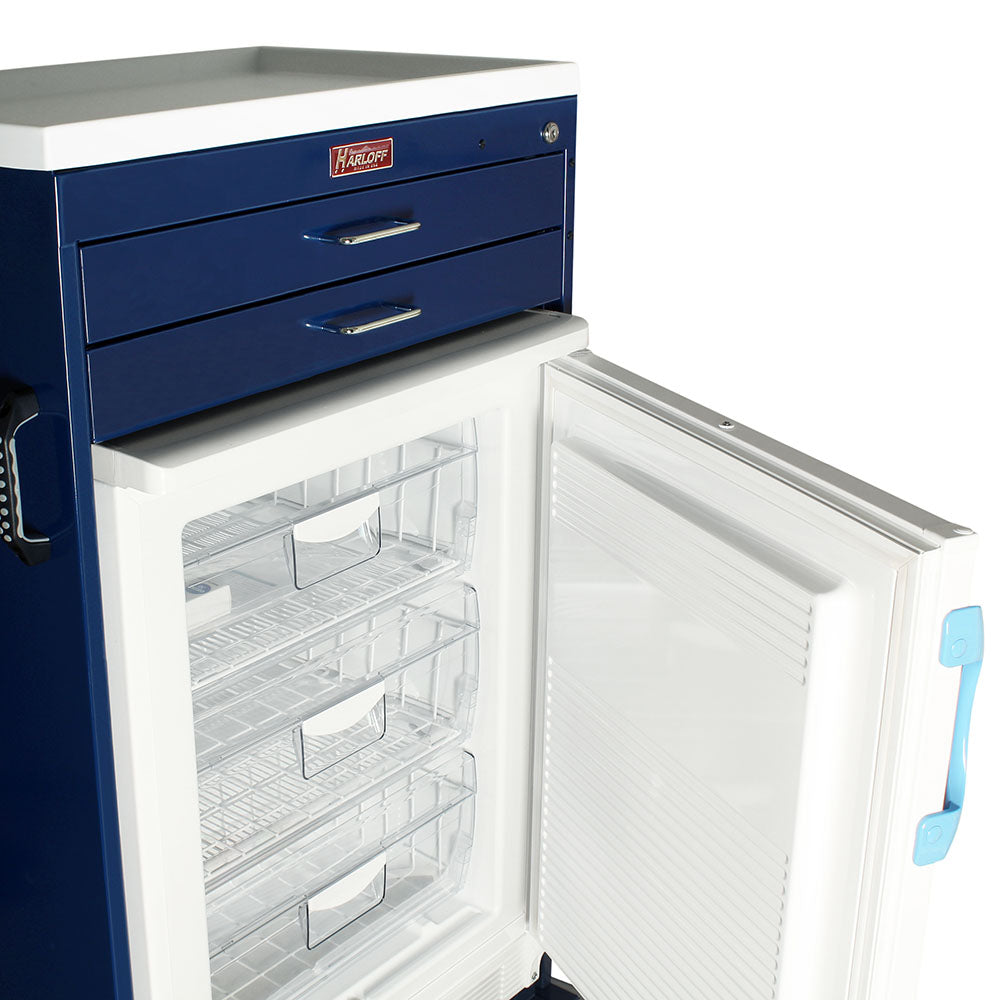 Mobile Vaccine Freezer Cart with open freezer compartment showing interior storage