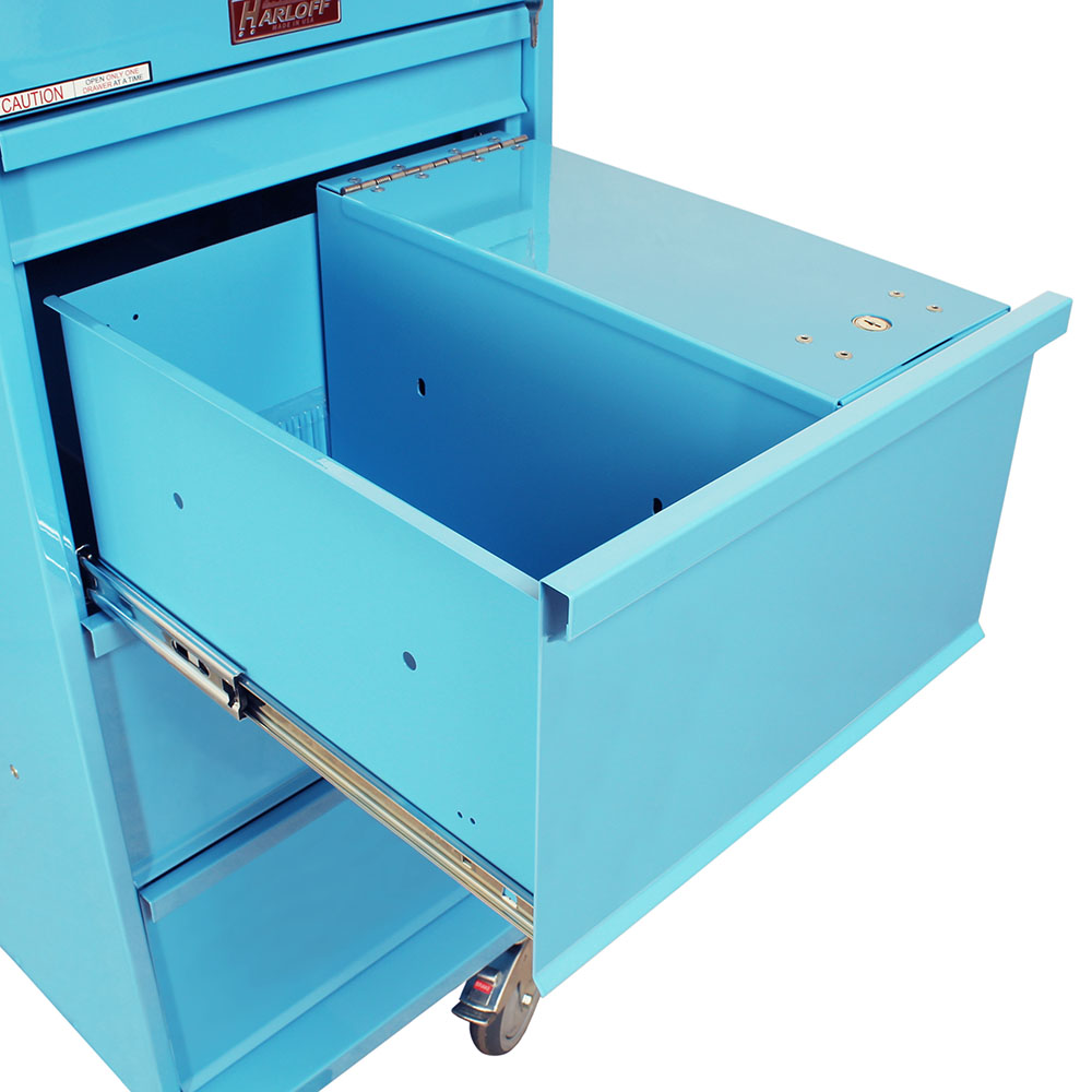 Light blue VLT240PC medication cart for seniors showing open narcotics box in top drawer