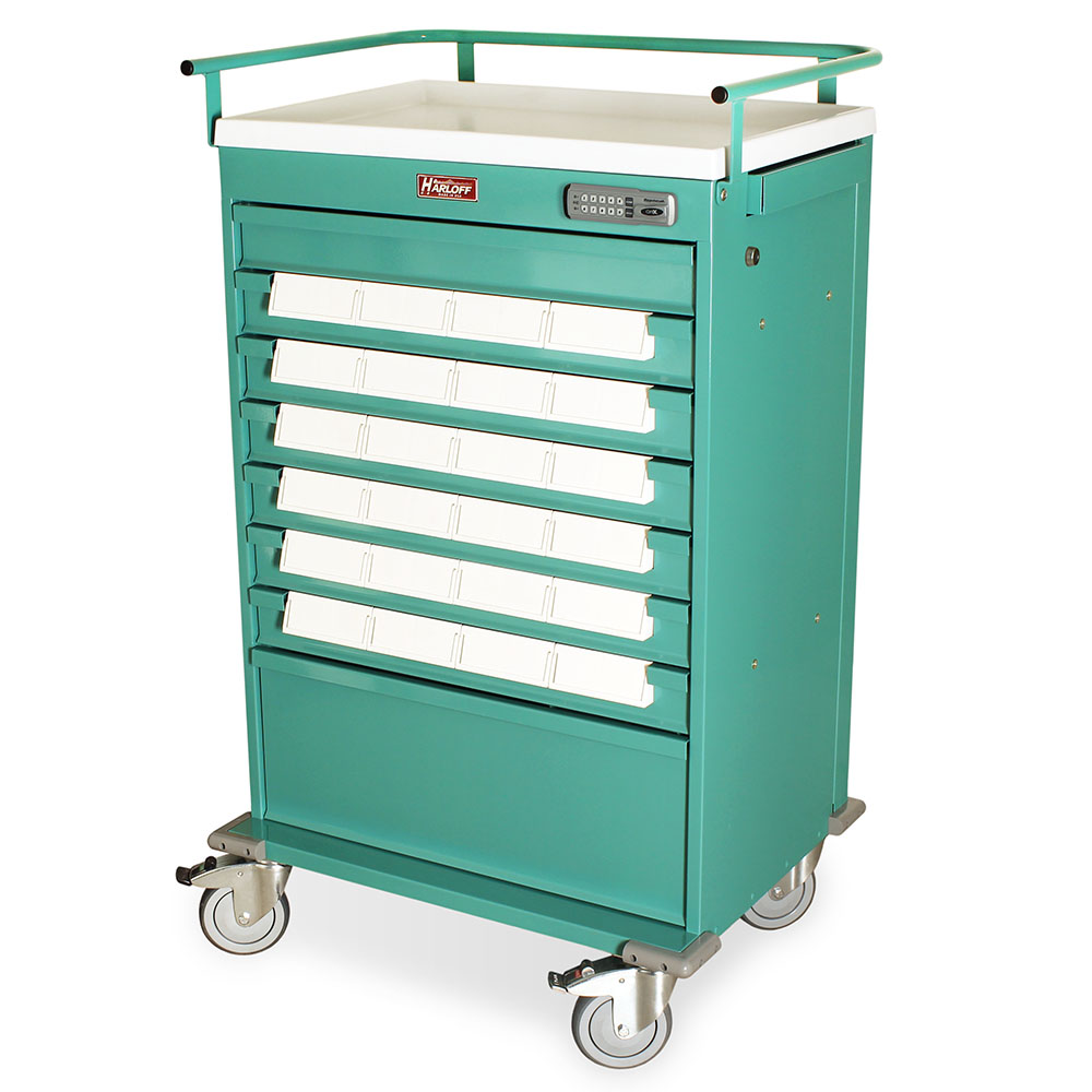 VLT24EBIN5 Med-Bin Cart teal finish with 24 medication bins and electronic lock