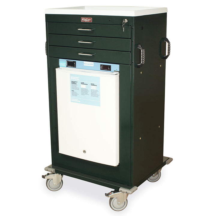Dark green Mobile Vaccine Refrigerator Cart with refrigerator and drawers