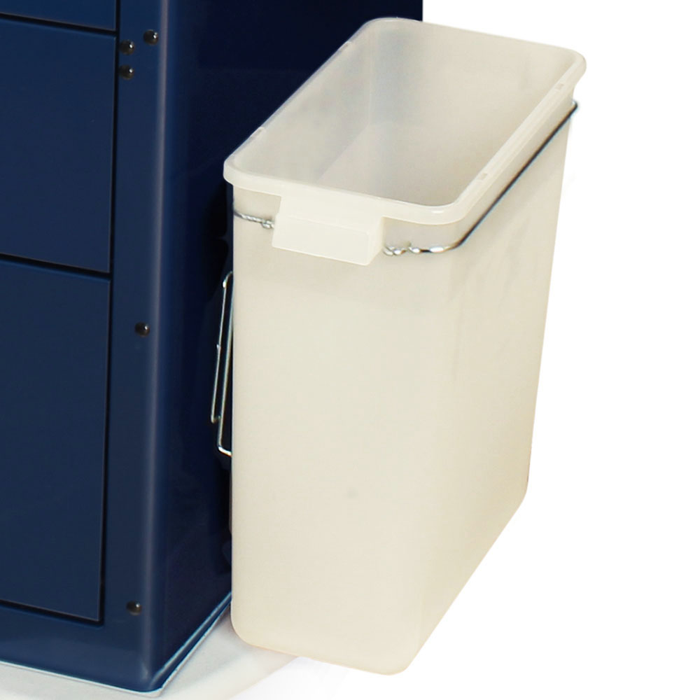Side view of Harloff three gallon plastic waste container with mounting bracket