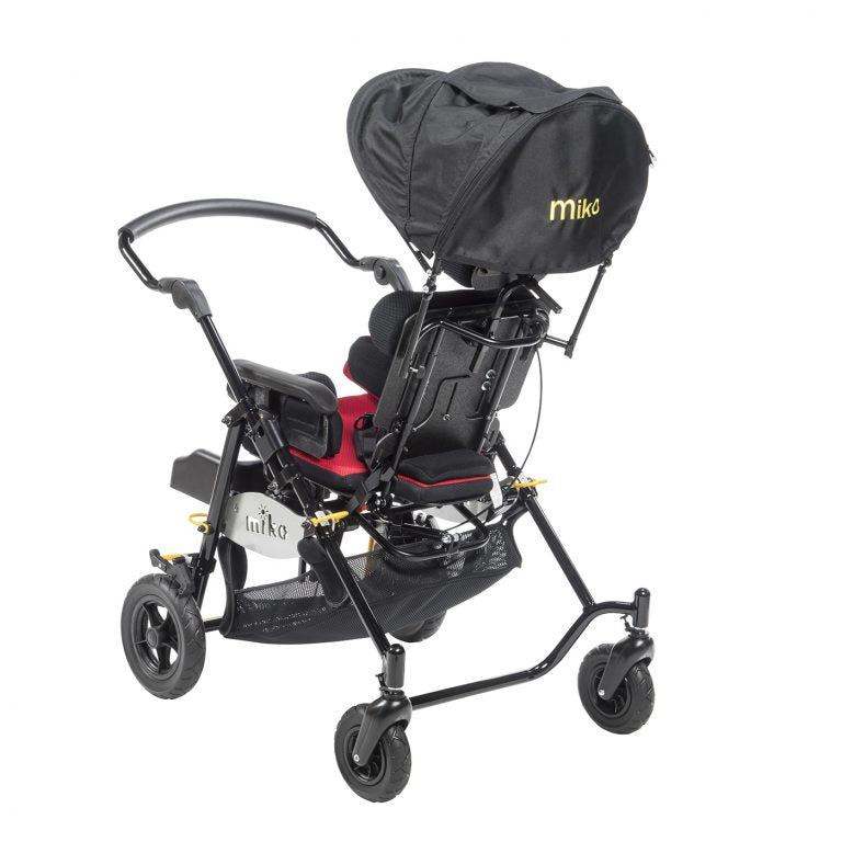 Pediatric mobility chair with included canopy, storage basket, and locking swivel casters.