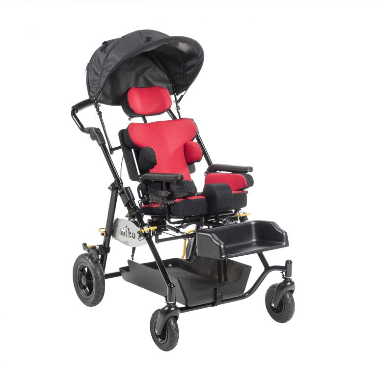 Miko Pediatric Mobility Chair with tilt-in-space seating and bright canopy in red.
