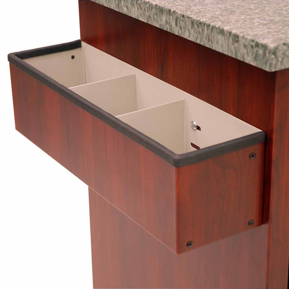 Wood vinyl medical cart cup and straw holder mounted on cart, three compartments