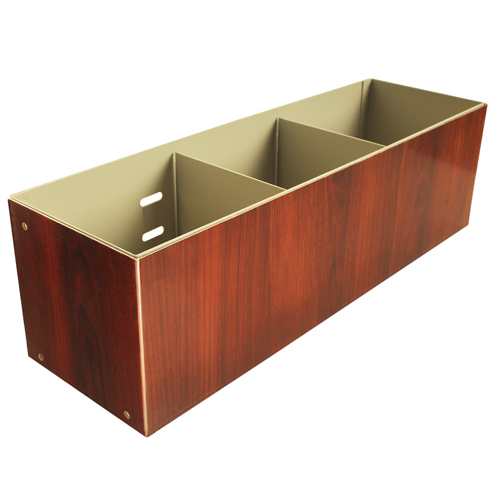 Wood vinyl medical cart cup and straw holder, silo view, three compartments