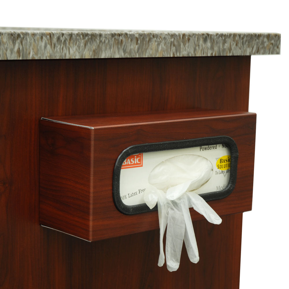 Wood Vinyl Single Glove Box Holder mounted on medical cart