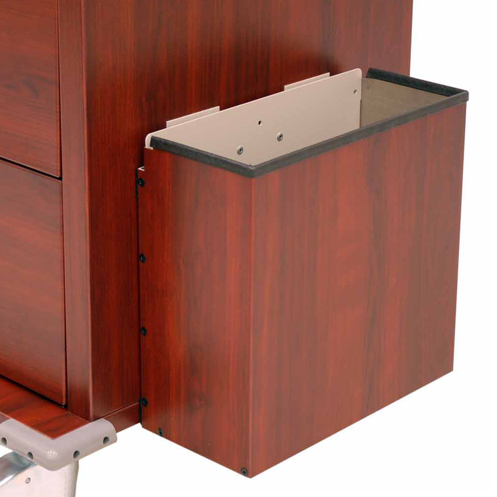 Wood vinyl waste container in Cherry Mahogany mounted on Harloff medical cart