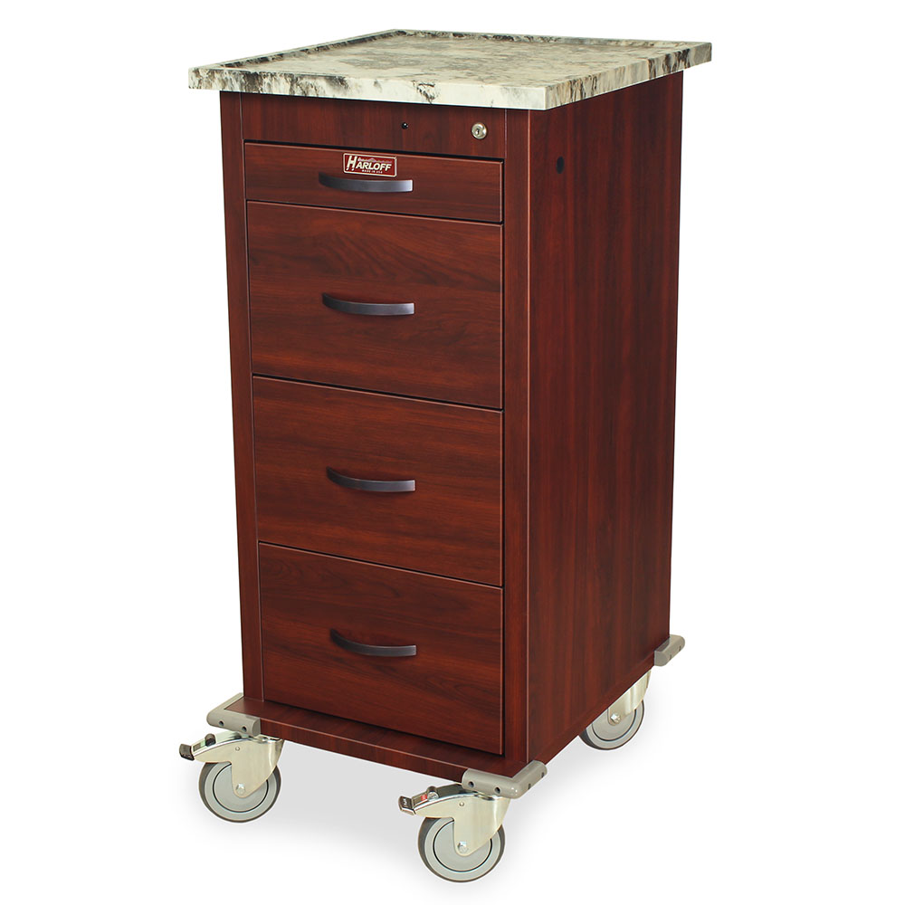 Wood vinyl punch card medication cart with four drawers, 240 punch card capacity, and key lock in cherry mahogany finish.