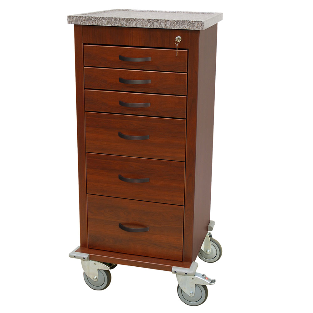 Tall wood vinyl aluminum anesthesia cart with six drawers and key lock
