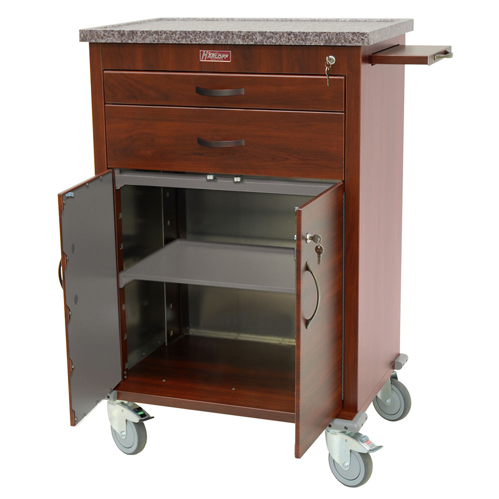 Tall wood vinyl treatment cart with two drawers, locking storage compartment, pull-out shelf, and premium casters.