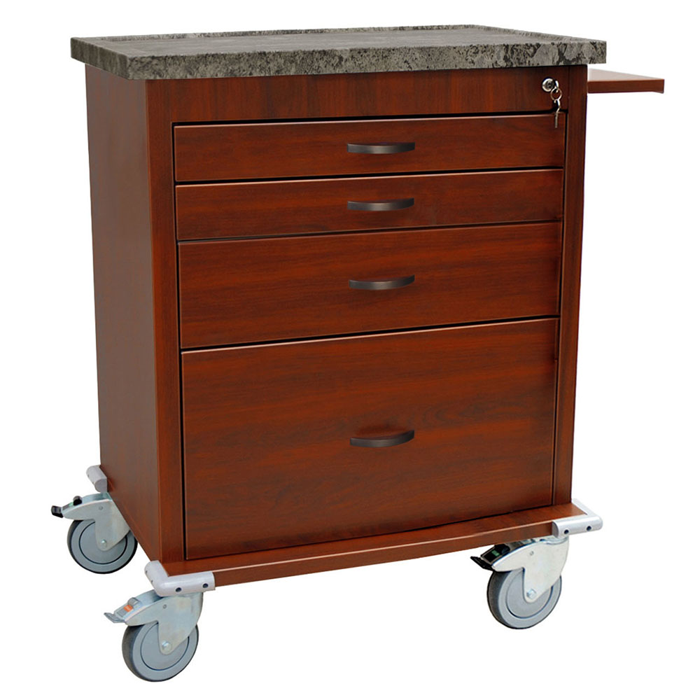 Short Wood Vinyl Aluminum Treatment Cart in Cherry Mahogany finish with four drawers and key lock