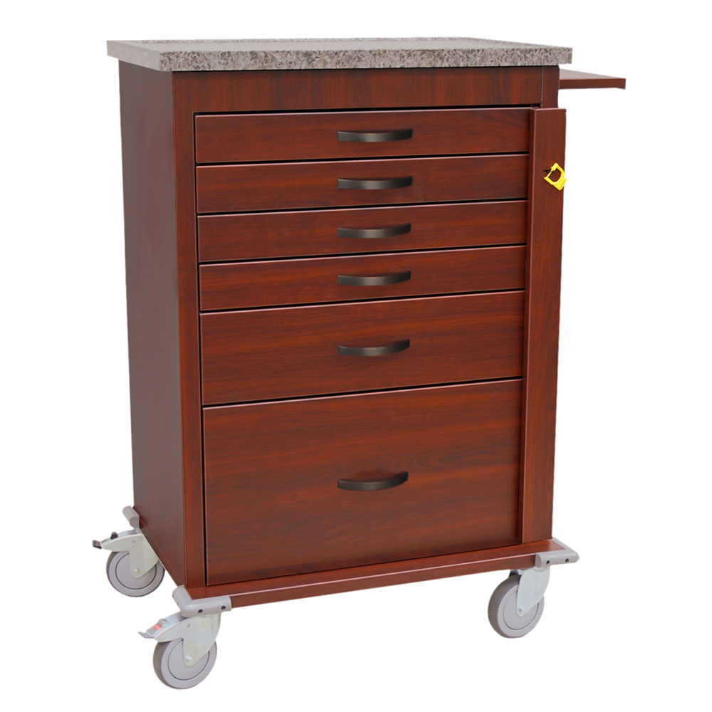 Tall wood vinyl emergency cart in Cherry Mahogany with six drawers, breakaway lock and pull-out shelf