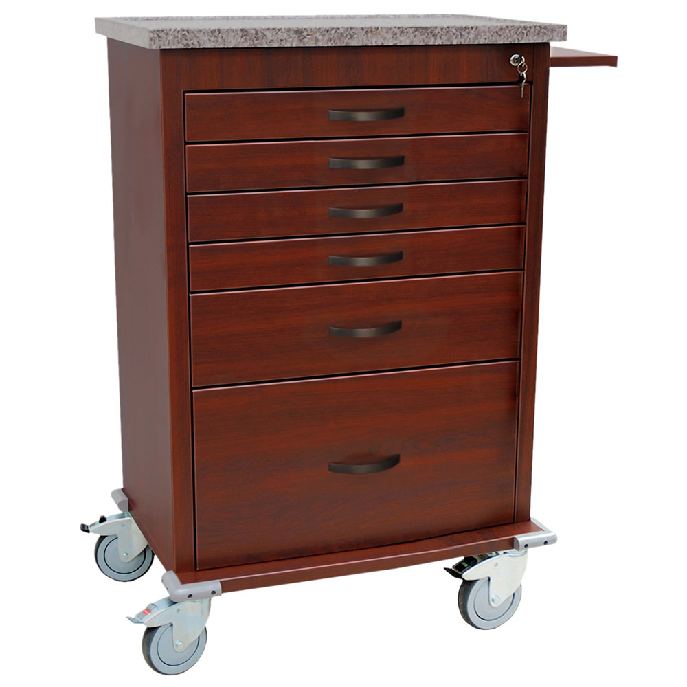 Tall Wood Vinyl Treatment Cart with six drawers, key lock, pull-out shelf and granite-look top