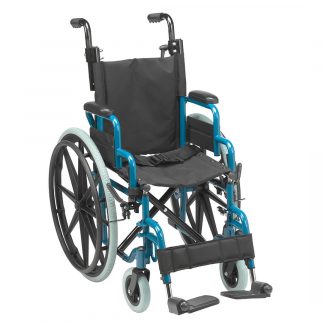 Foldable pediatric wheelchair with blue frame and footrests