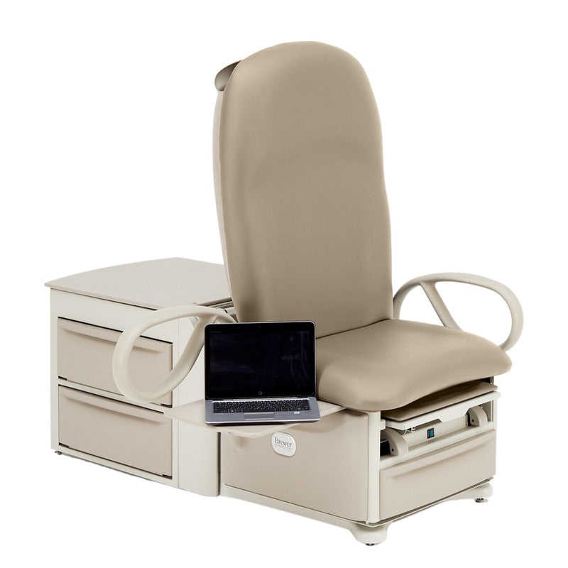 Brewer Access Power Exam Table with ergonomic stirrups and plush upholstery – front view