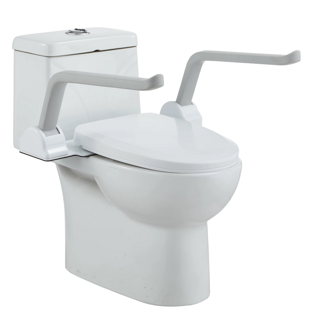 SafeSit toilet safety rails with flip-up support arms for sit-to-stand assistance