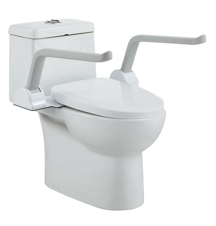 SafeSit toilet safety rails with flip-up support arms for sit-to-stand assistance