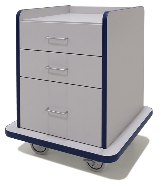 Three drawer mobile cabinet with laminate finish, locking casters, guarded top shelf, and compact rolling storage design