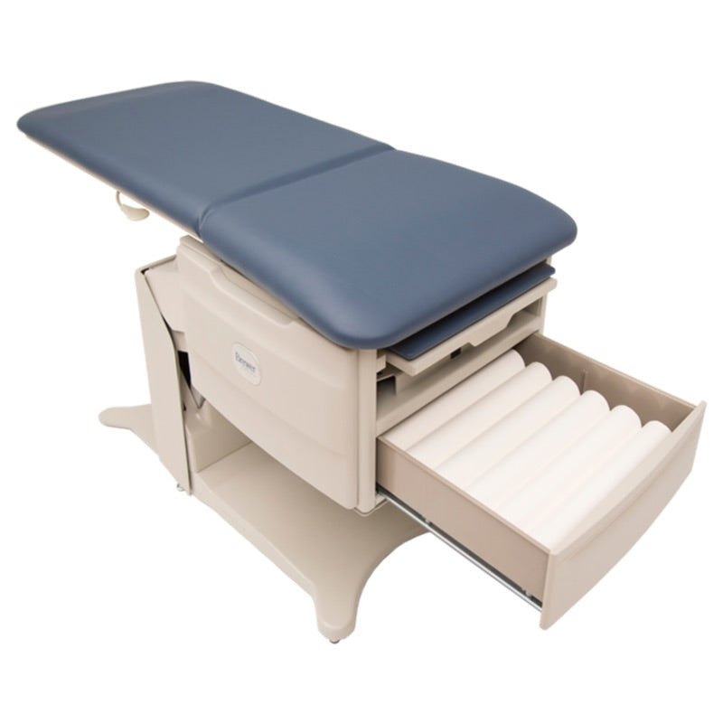 Rear angled view of FLEX Exam Table showing hospital-grade outlet and footrest