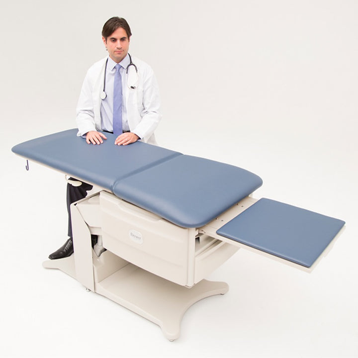 Side view of FLEX High-Low Exam Table showing seamless upholstery and leg extension