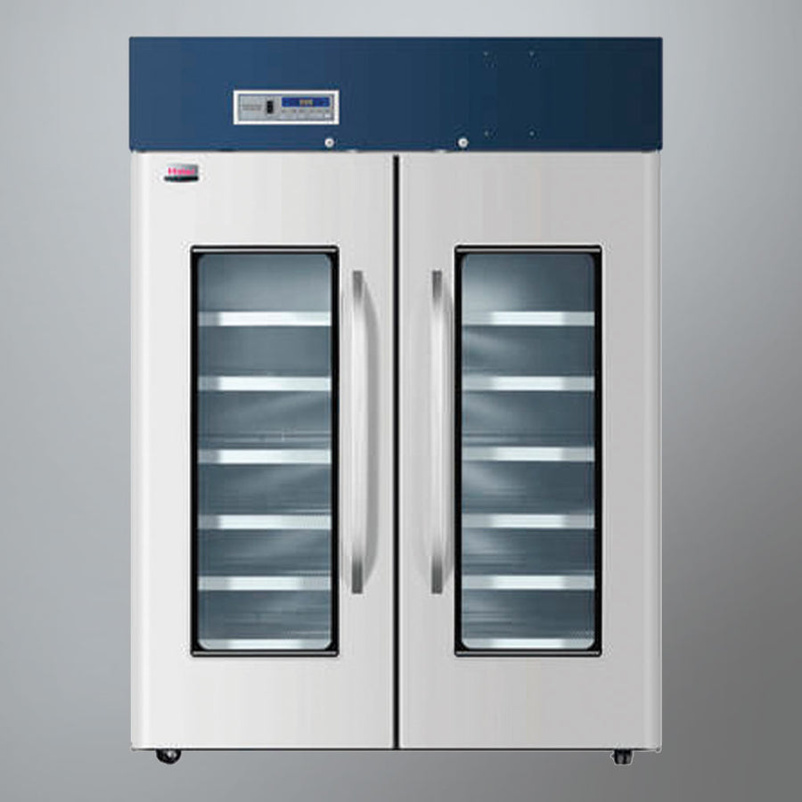 Haier HYC-1378 double door vaccine pharmacy refrigerator 1378L front view grey background