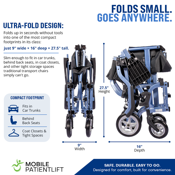 MPL Ultra-Fold transport chair showing 9 inch folded width for compact storage