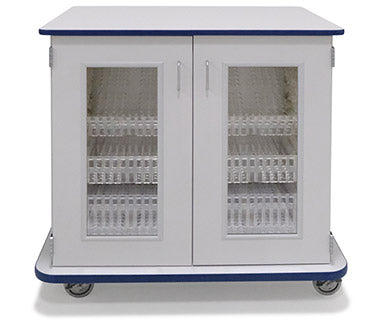 Short laminate medium-width mobile medical cart with glass doors and storage bins