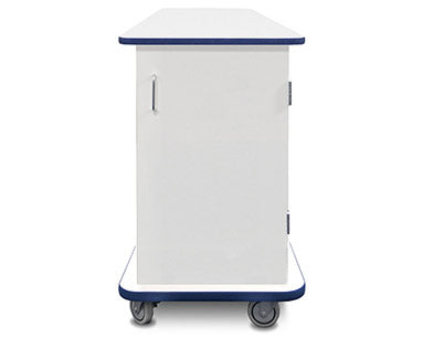 Short narrow laminate mobile medical cart with solid door and wire pull