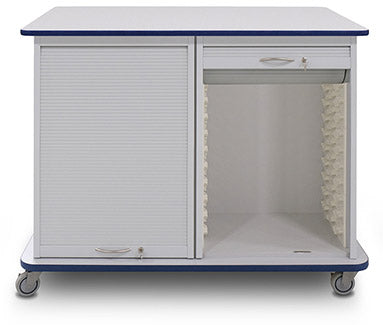 Short laminate wide mobile medical cart with bow handles and tambour doors