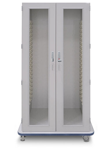 Tall laminate medium-width mobile medical cart with glass doors and digital e-locks
