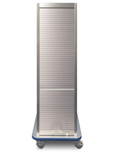 Tall narrow laminate mobile medical cart with tambour door and cam lock