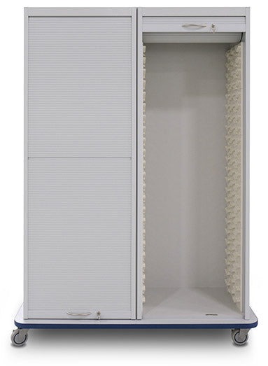 Tall wide laminate mobile medical cart with tambour doors and bow handles